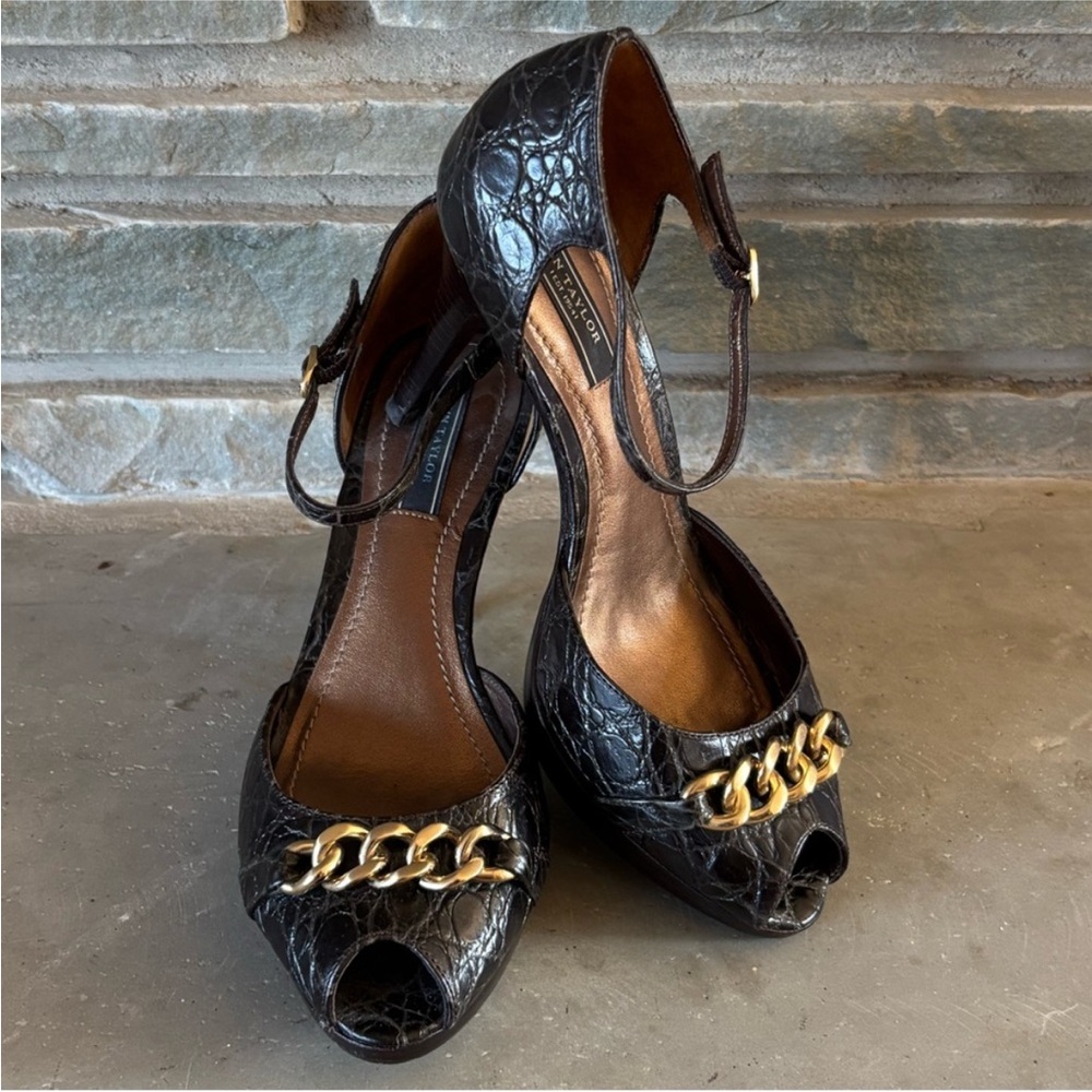 Ann Taylor Mina‎ Embossed Leather Peep-Toe Heels with Gold Chain